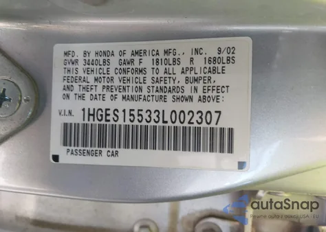 2003 Honda Civic Lx from USA, damaged, VIN 1HGES15533L002307